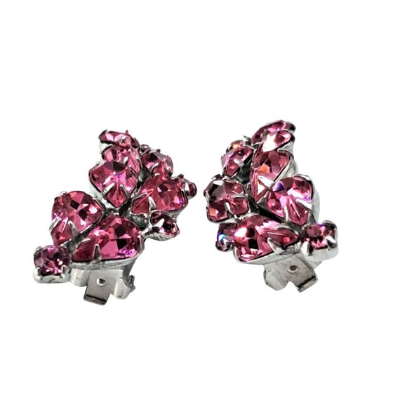 Vintage Pink Rhinestone Earrings Ear Climbers Clip Ons Silver Tone Costume Jewel - Picture 5 of 8